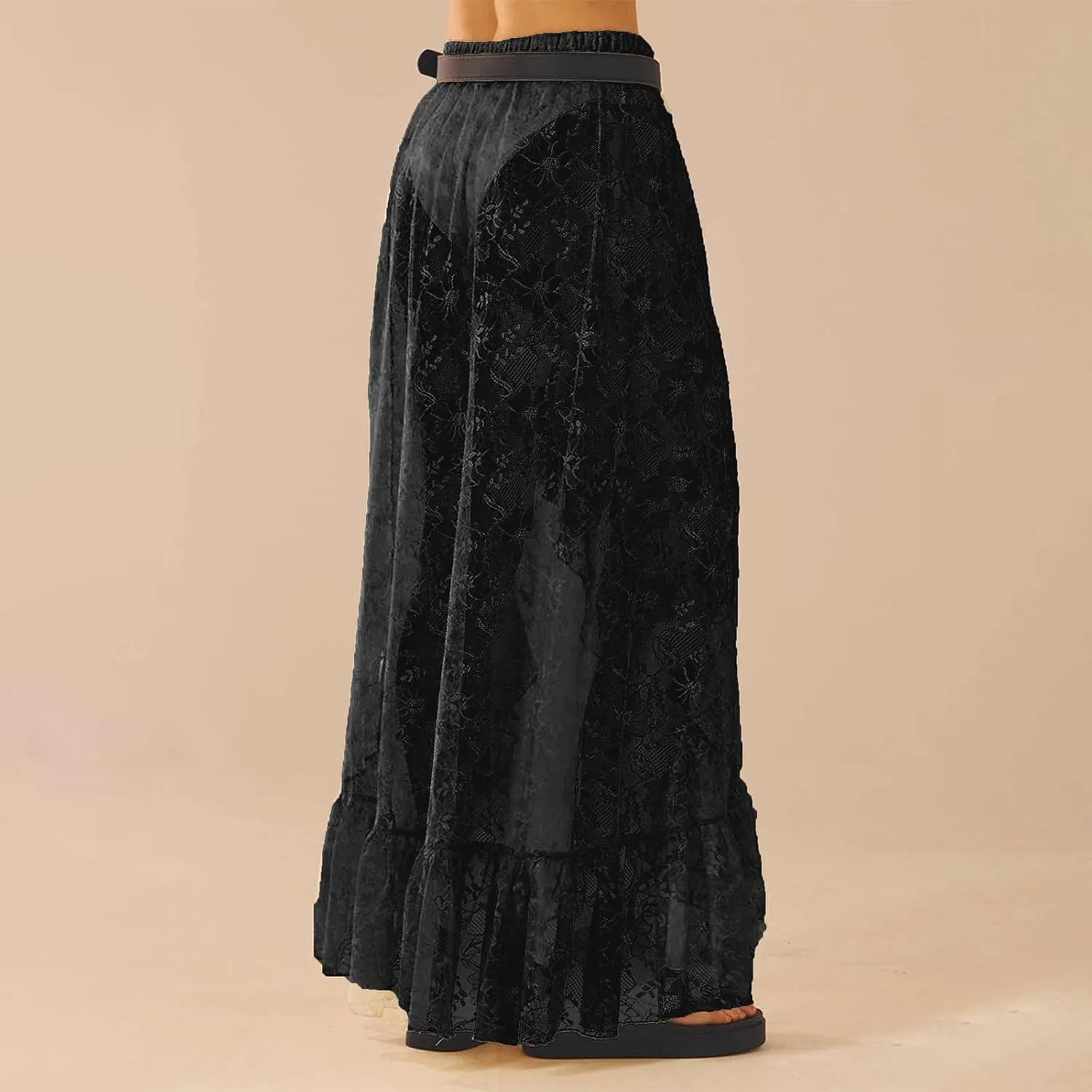 Women Y2k Lace Maxi Skirt High Waist See Through Ruffle Slip Long Skirts Layered Flowy Summer Beach Skirts