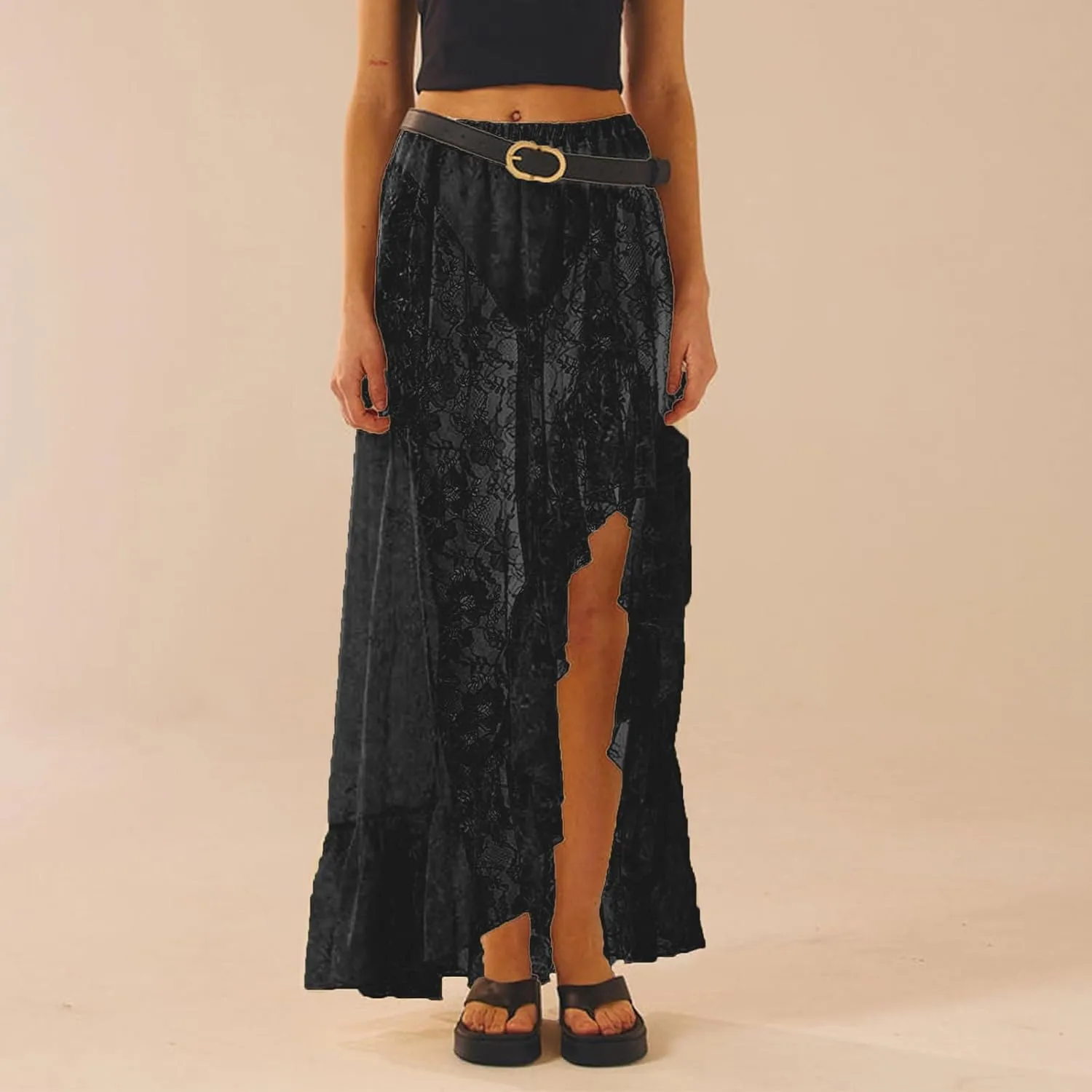 Women Y2k Lace Maxi Skirt High Waist See Through Ruffle Slip Long Skirts Layered Flowy Summer Beach Skirts