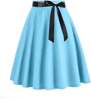 Women's 1950S Vintage Skirts Bow Belt High Waist A-Line Pleated Short Skirt Solid Color Knee Length Midi Skirt