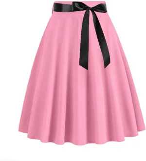 Women's 1950S Vintage Skirts Bow Belt High Waist A-Line Pleated Short Skirt Solid Color Knee Length Midi Skirt