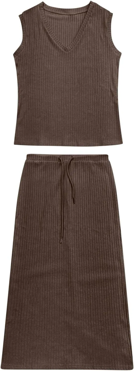 Women's 2 Piece Sweater Skirt Sets Sleeveless V Neck Knit Ribbed Vest Tops Midi Skirt Plus Size Skirt