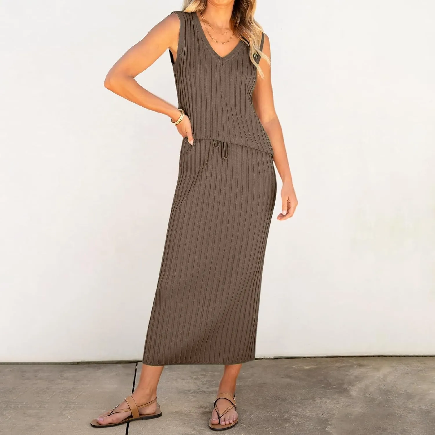 Women's 2 Piece Sweater Skirt Sets Sleeveless V Neck Knit Ribbed Vest Tops Midi Skirt Plus Size Skirt