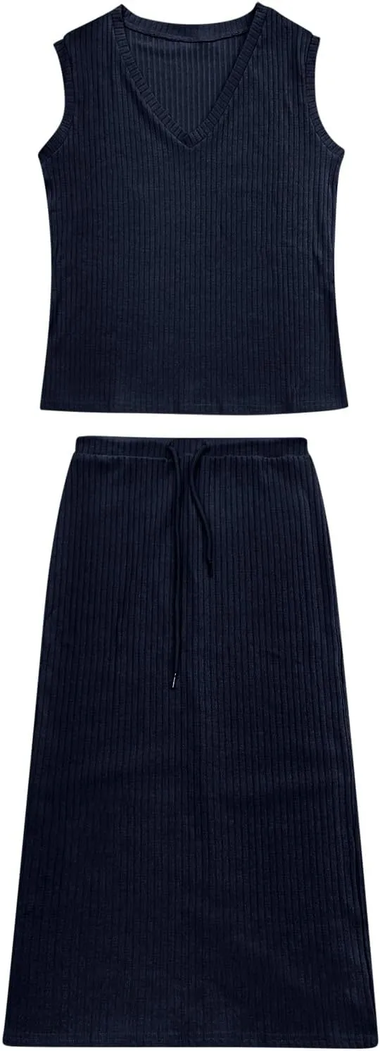 Women's 2 Piece Sweater Skirt Sets Sleeveless V Neck Knit Ribbed Vest Tops Midi Skirt Plus Size Skirt