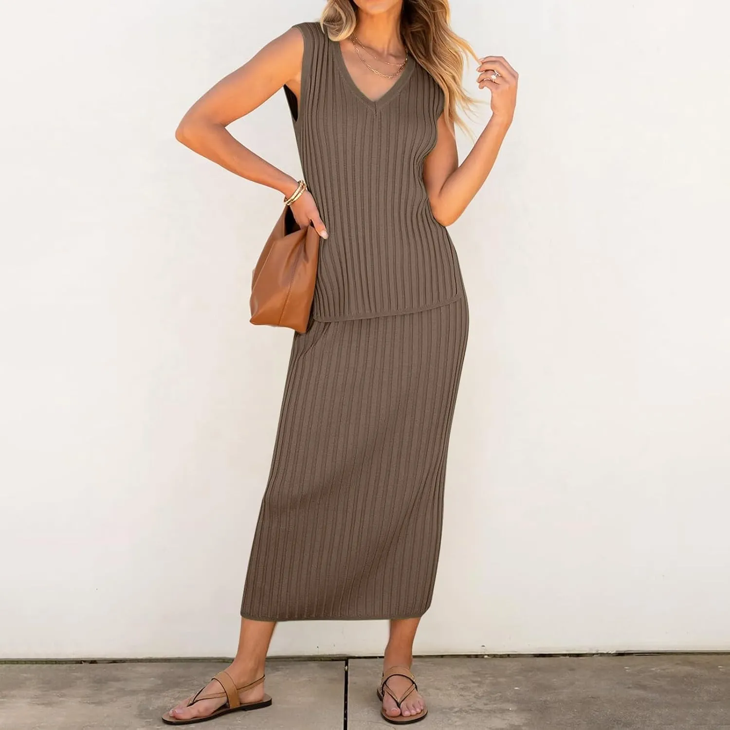 Women's 2 Piece Sweater Skirt Sets Sleeveless V Neck Knit Ribbed Vest Tops Midi Skirt Plus Size Skirt