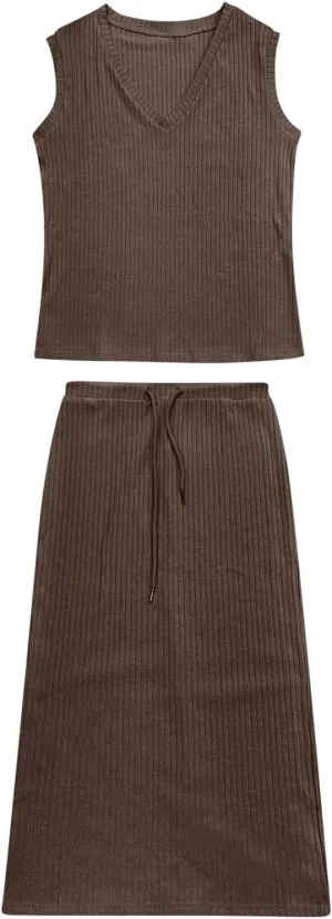 Women's 2 Piece Sweater Skirt Sets Sleeveless V Neck Knit Ribbed Vest Tops Midi Skirt Plus Size Skirt