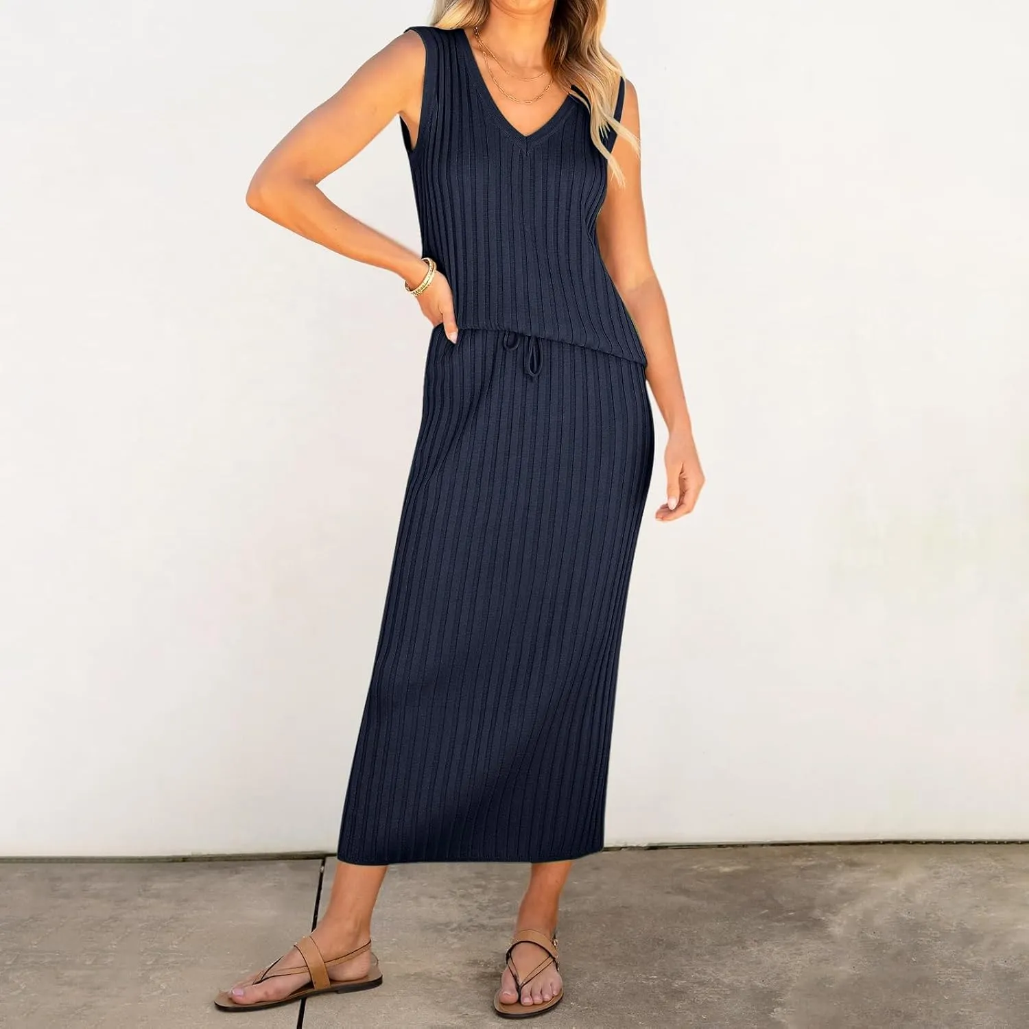 Women's 2 Piece Sweater Skirt Sets Sleeveless V Neck Knit Ribbed Vest Tops Midi Skirt Plus Size Skirt