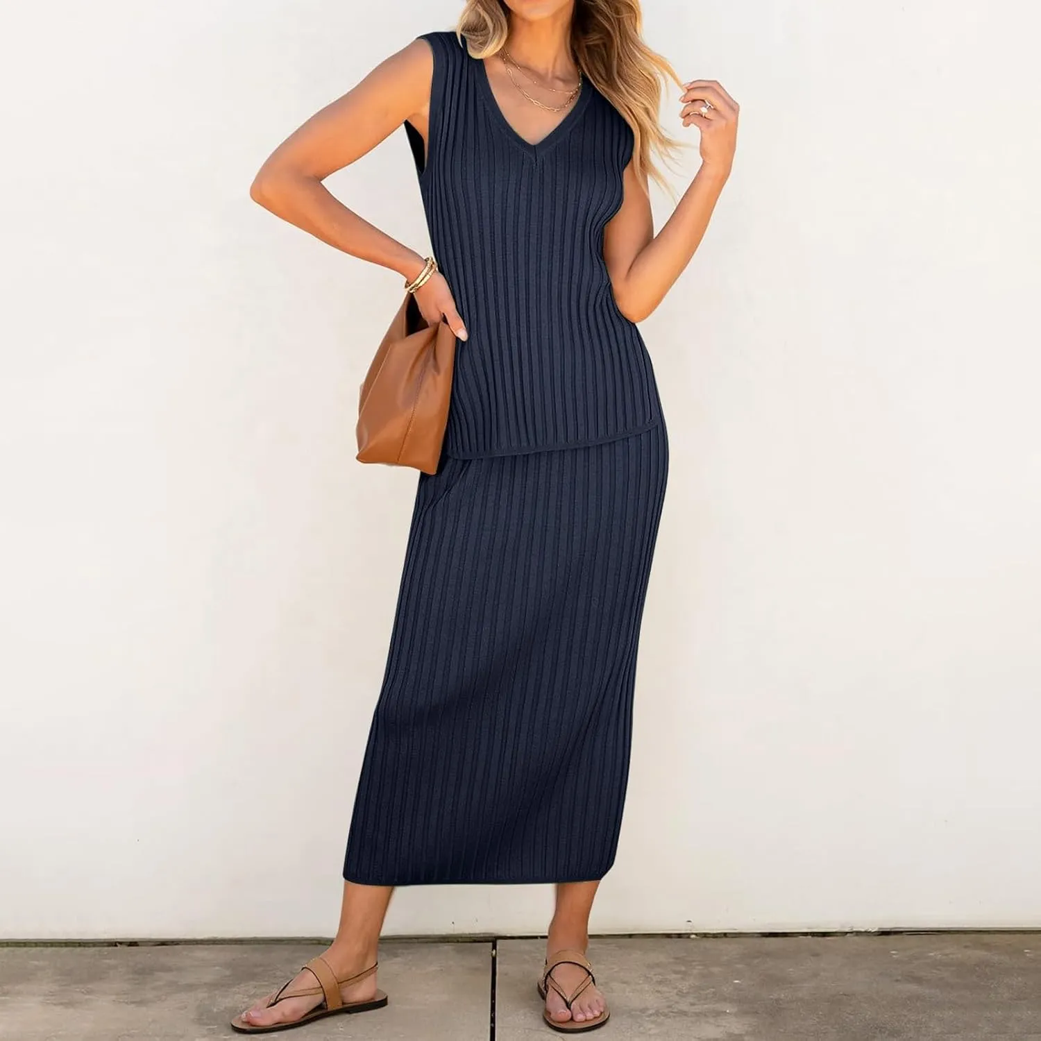 Women's 2 Piece Sweater Skirt Sets Sleeveless V Neck Knit Ribbed Vest Tops Midi Skirt Plus Size Skirt