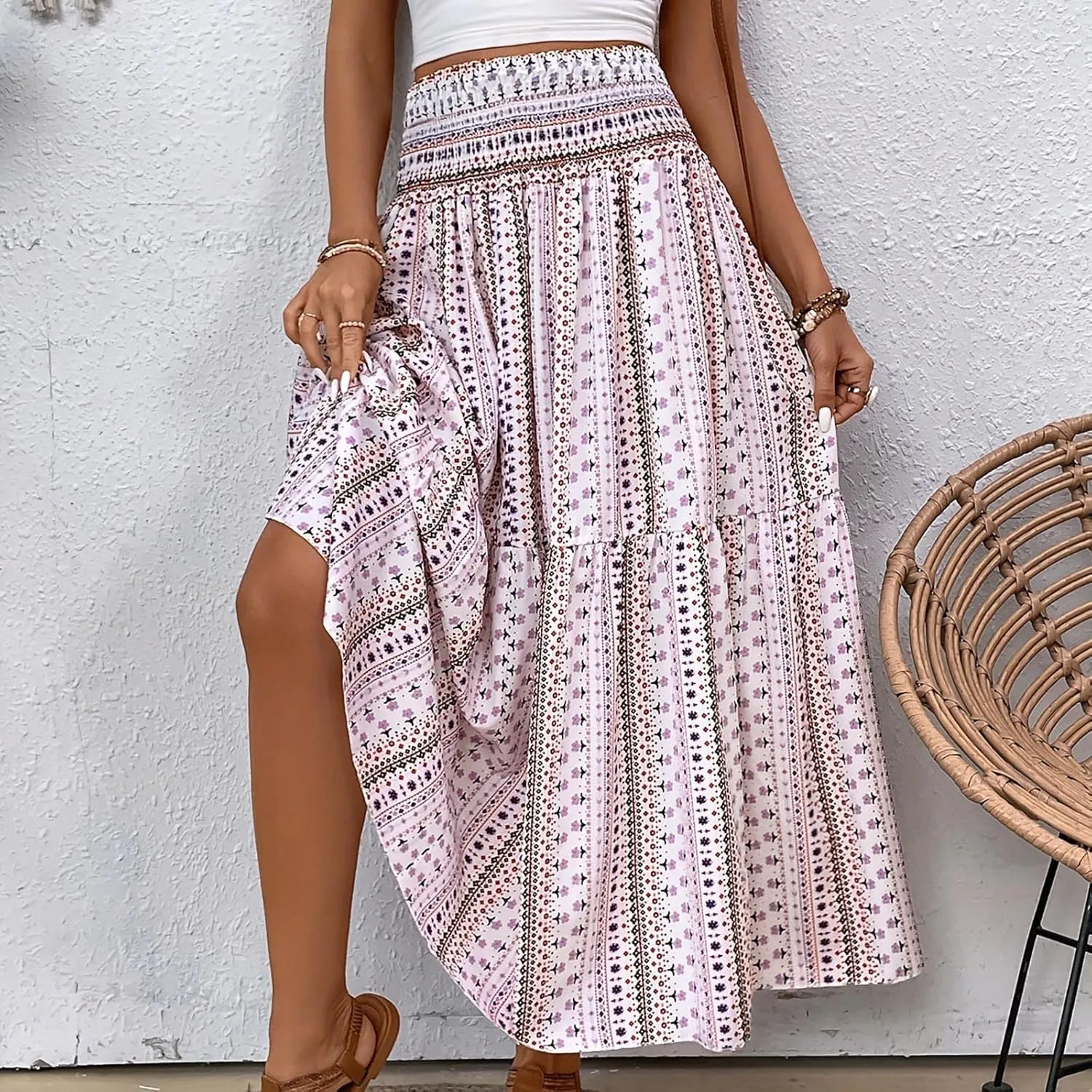 Women's 2024 Bohemian Long Skirts Flowy High Waist A-Line Maxi Skirts for Women Casual Summer Beach Pleated Skirts