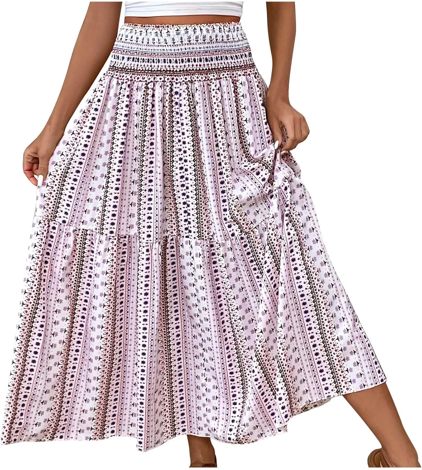 Women's 2024 Bohemian Long Skirts Flowy High Waist A-Line Maxi Skirts for Women Casual Summer Beach Pleated Skirts