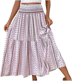 Women's 2024 Bohemian Long Skirts Flowy High Waist A-Line Maxi Skirts for Women Casual Summer Beach Pleated Skirts
