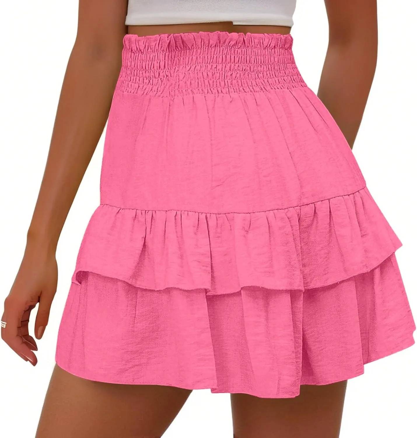 Women's 2025 Bohemian Stretch Waist Solid Pleated Flared Ruffle Mini Skater Skirt, S-2XL