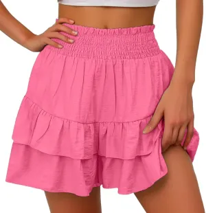 Women's 2025 Bohemian Stretch Waist Solid Pleated Flared Ruffle Mini Skater Skirt, S-2XL