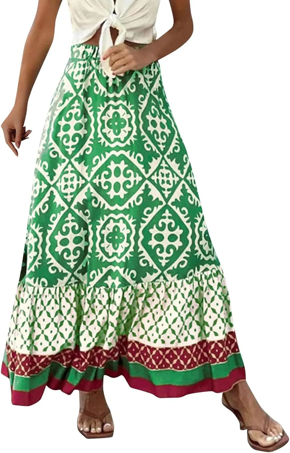Women's 2025 Boho Long Skirts Elastic High Waist A Line Maxi Skirts Summer Casual Printed Pleated Flowy Skirt