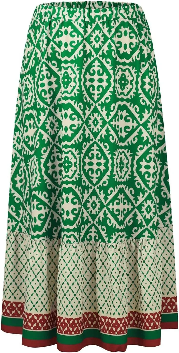 Women's 2025 Boho Long Skirts Elastic High Waist A Line Maxi Skirts Summer Casual Printed Pleated Flowy Skirt