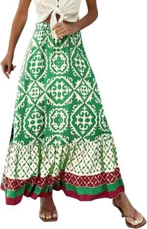 Women's 2025 Boho Long Skirts Elastic High Waist A Line Maxi Skirts Summer Casual Printed Pleated Flowy Skirt