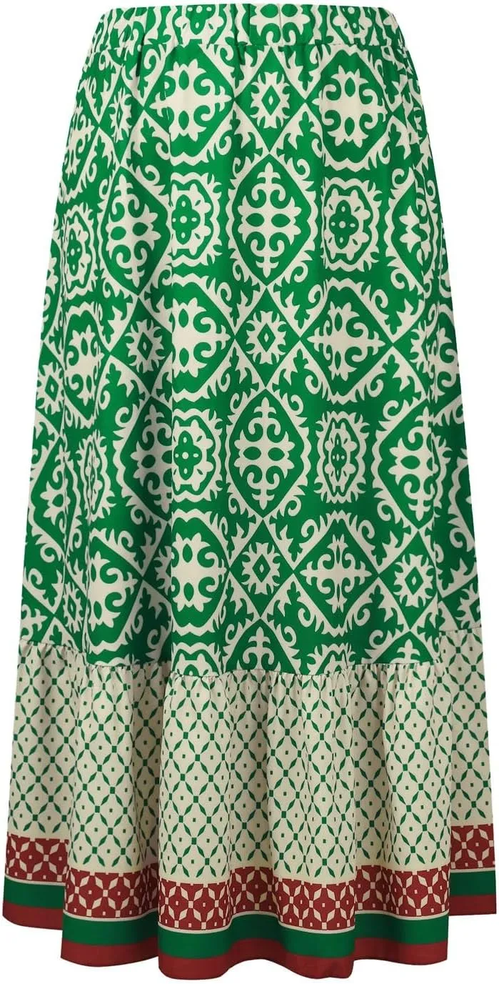 Women's 2025 Boho Long Skirts Elastic High Waist A Line Maxi Skirts Summer Casual Printed Pleated Flowy Skirt