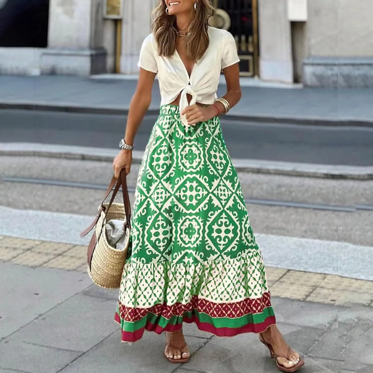 Women's 2025 Boho Long Skirts Elastic High Waist A Line Maxi Skirts Summer Casual Printed Pleated Flowy Skirt