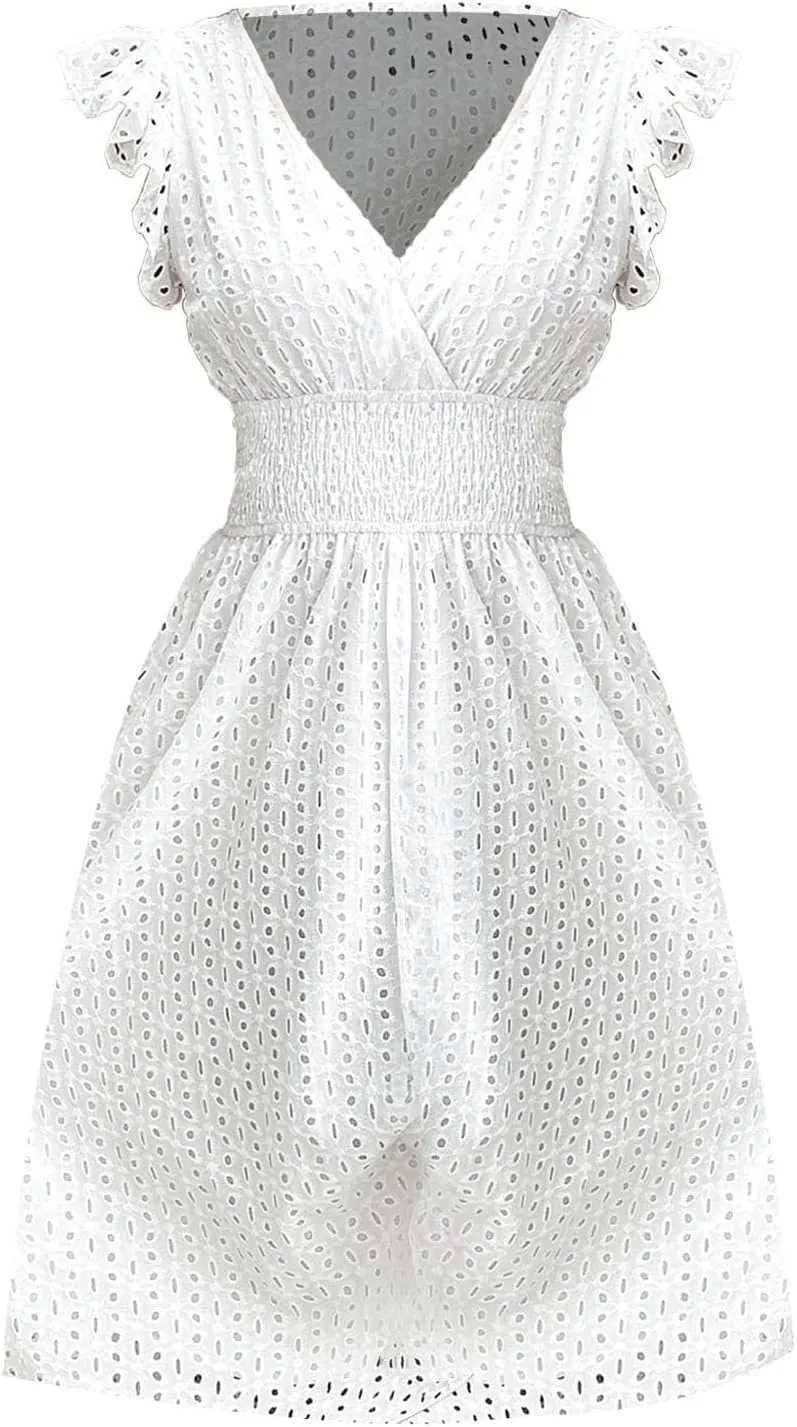 Women's 2025 Eyelet Lace Embroidery Smocked Waist Party Dresses Sexy Flutter Sleeve A Line Midi Long Summer Sundress
