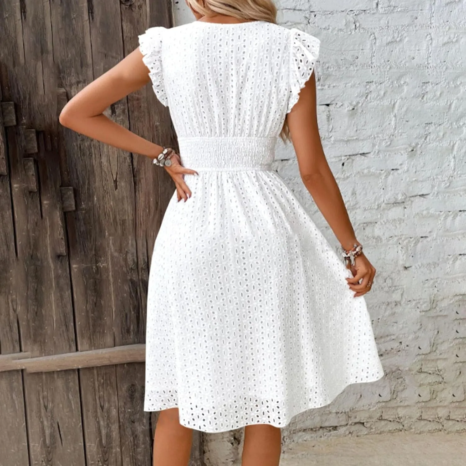 Women's 2025 Eyelet Lace Embroidery Smocked Waist Party Dresses Sexy Flutter Sleeve A Line Midi Long Summer Sundress