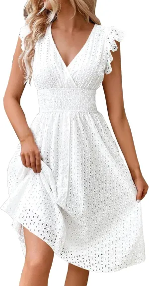 Women's 2025 Eyelet Lace Embroidery Smocked Waist Party Dresses Sexy Flutter Sleeve A Line Midi Long Summer Sundress