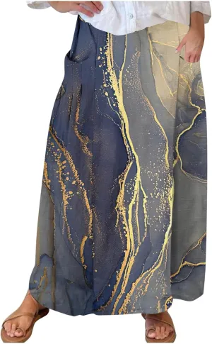 Womens 2025 Summer Boho Skirts Floral Print Midi Skirt with Pocket Plus Size Loose Flowy Beach Skirts