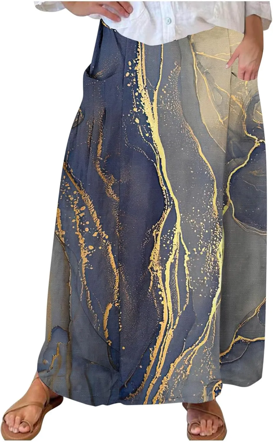 Womens 2025 Summer Boho Skirts Floral Print Midi Skirt with Pocket Plus Size Loose Flowy Beach Skirts
