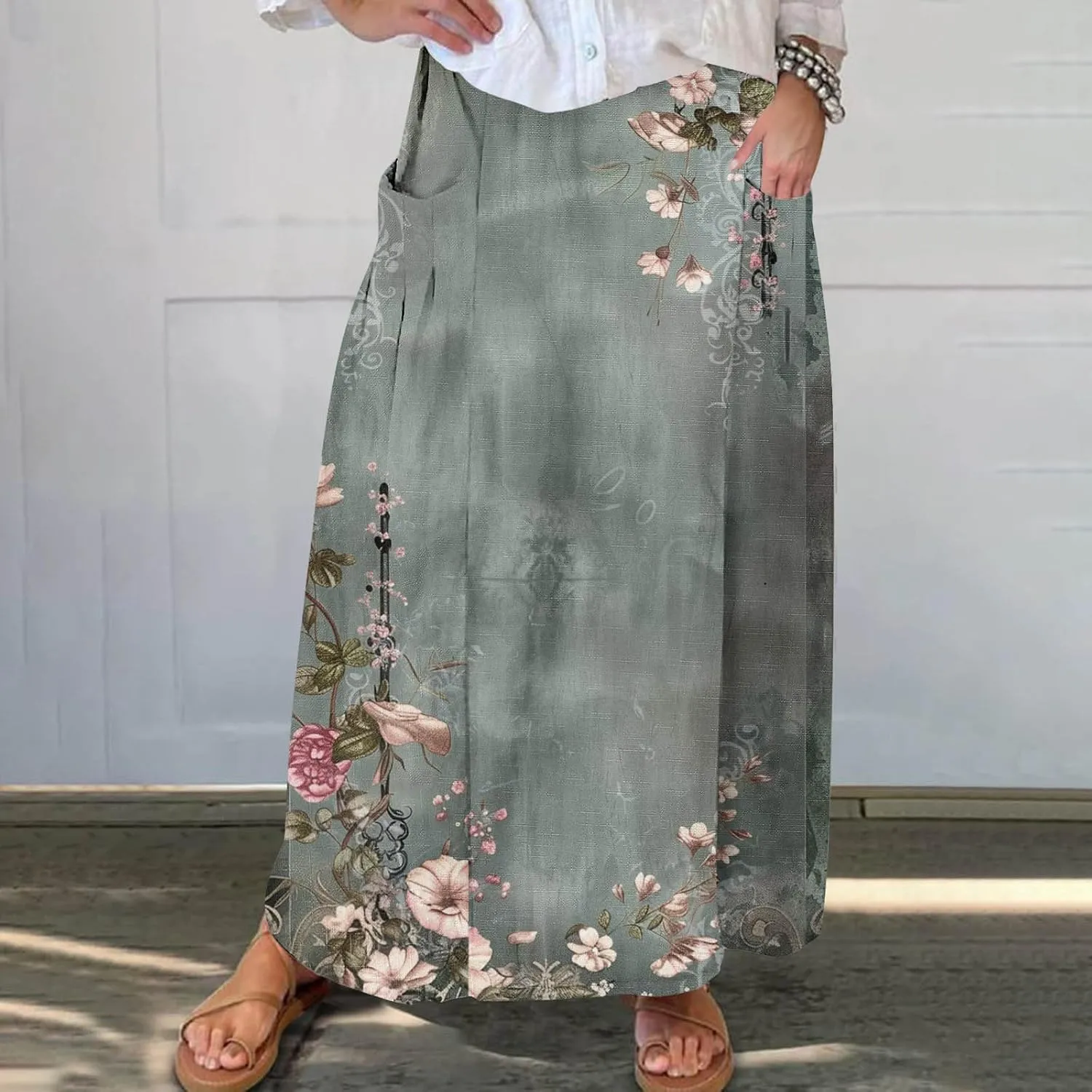 Womens 2025 Summer Boho Skirts Floral Print Midi Skirt with Pocket Plus Size Loose Flowy Beach Skirts