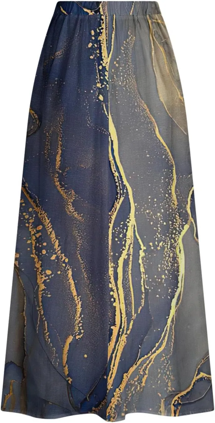 Womens 2025 Summer Boho Skirts Floral Print Midi Skirt with Pocket Plus Size Loose Flowy Beach Skirts