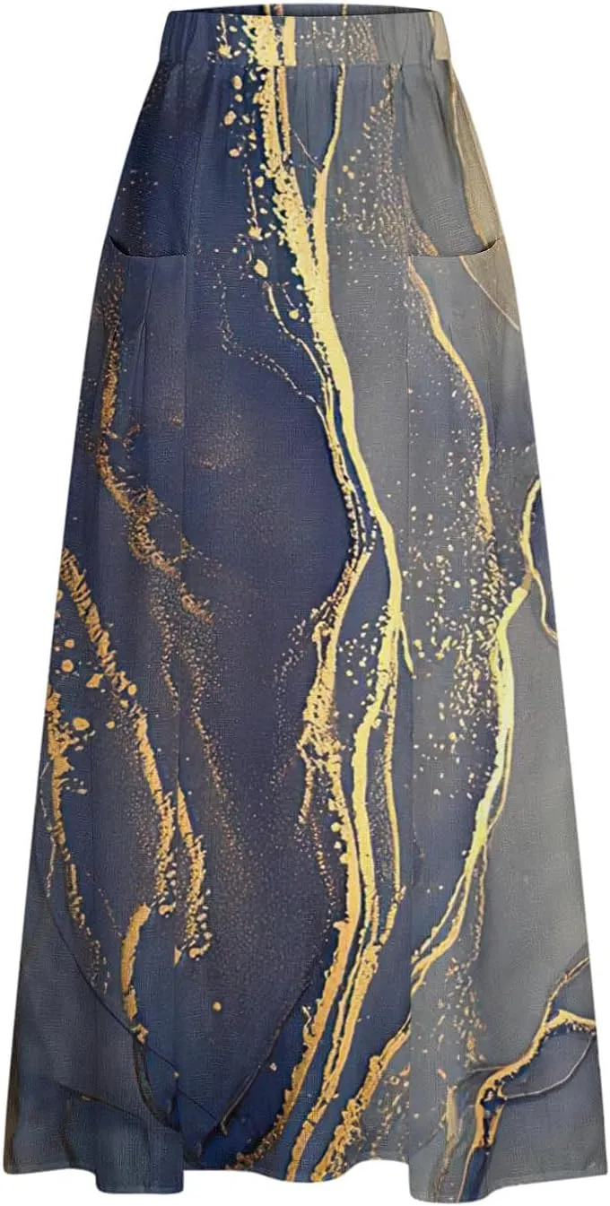 Womens 2025 Summer Boho Skirts Floral Print Midi Skirt with Pocket Plus Size Loose Flowy Beach Skirts