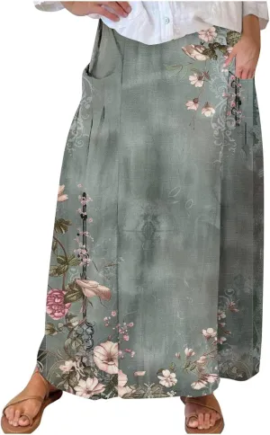 Womens 2025 Summer Boho Skirts Floral Print Midi Skirt with Pocket Plus Size Loose Flowy Beach Skirts