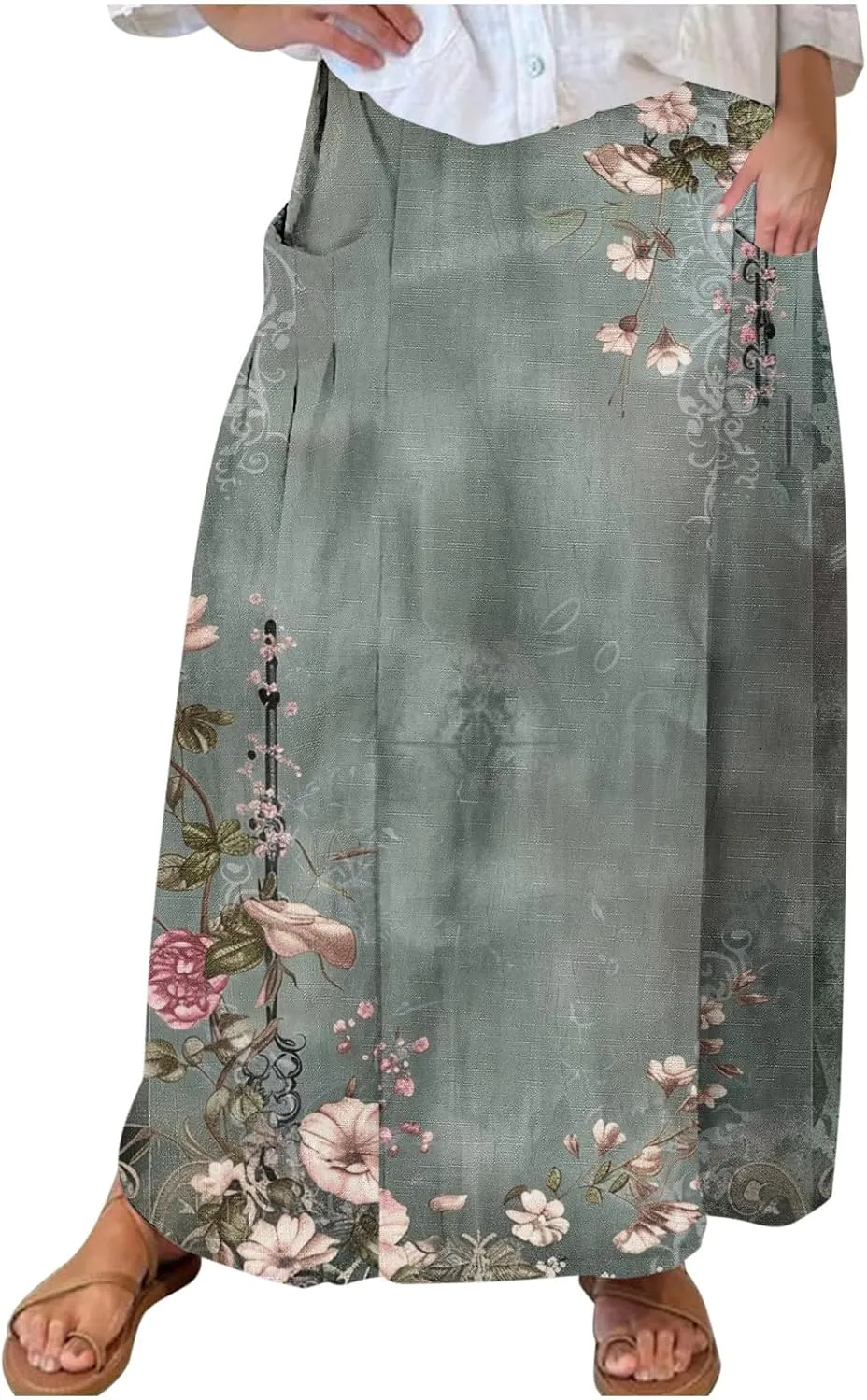 Womens 2025 Summer Boho Skirts Floral Print Midi Skirt with Pocket Plus Size Loose Flowy Beach Skirts