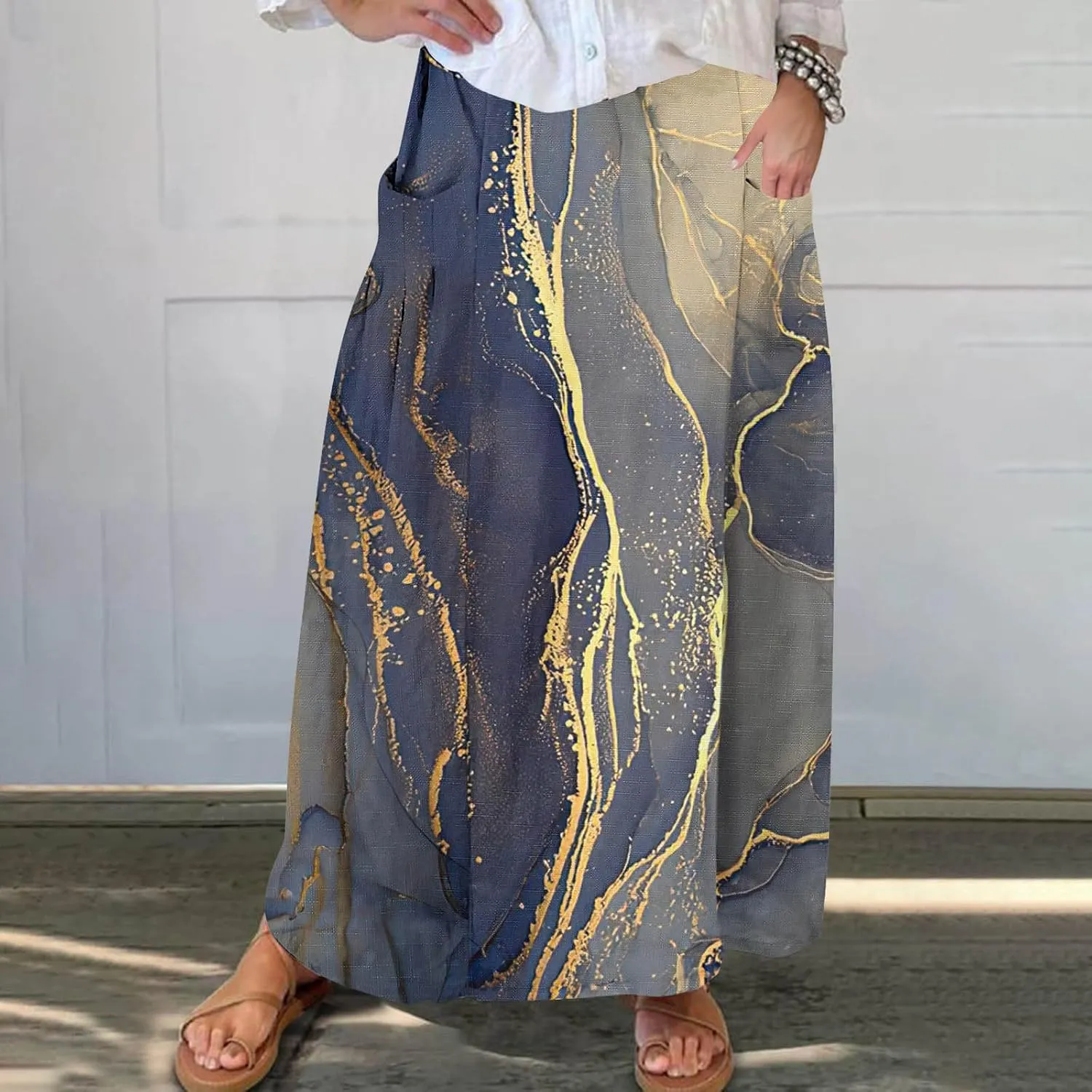 Womens 2025 Summer Boho Skirts Floral Print Midi Skirt with Pocket Plus Size Loose Flowy Beach Skirts