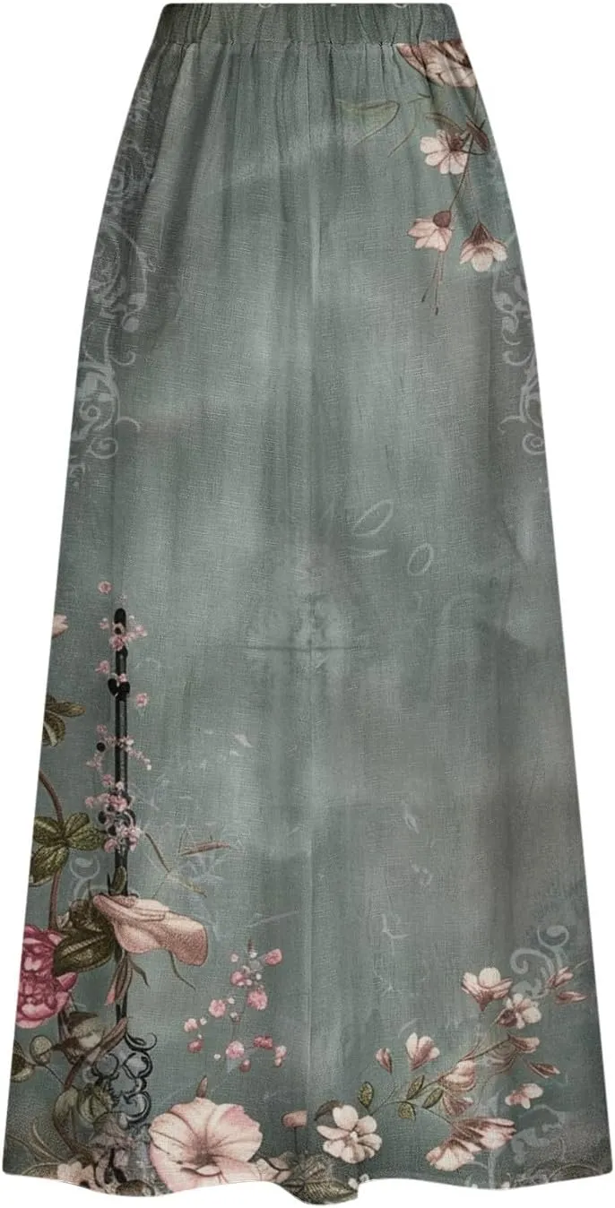 Womens 2025 Summer Boho Skirts Floral Print Midi Skirt with Pocket Plus Size Loose Flowy Beach Skirts