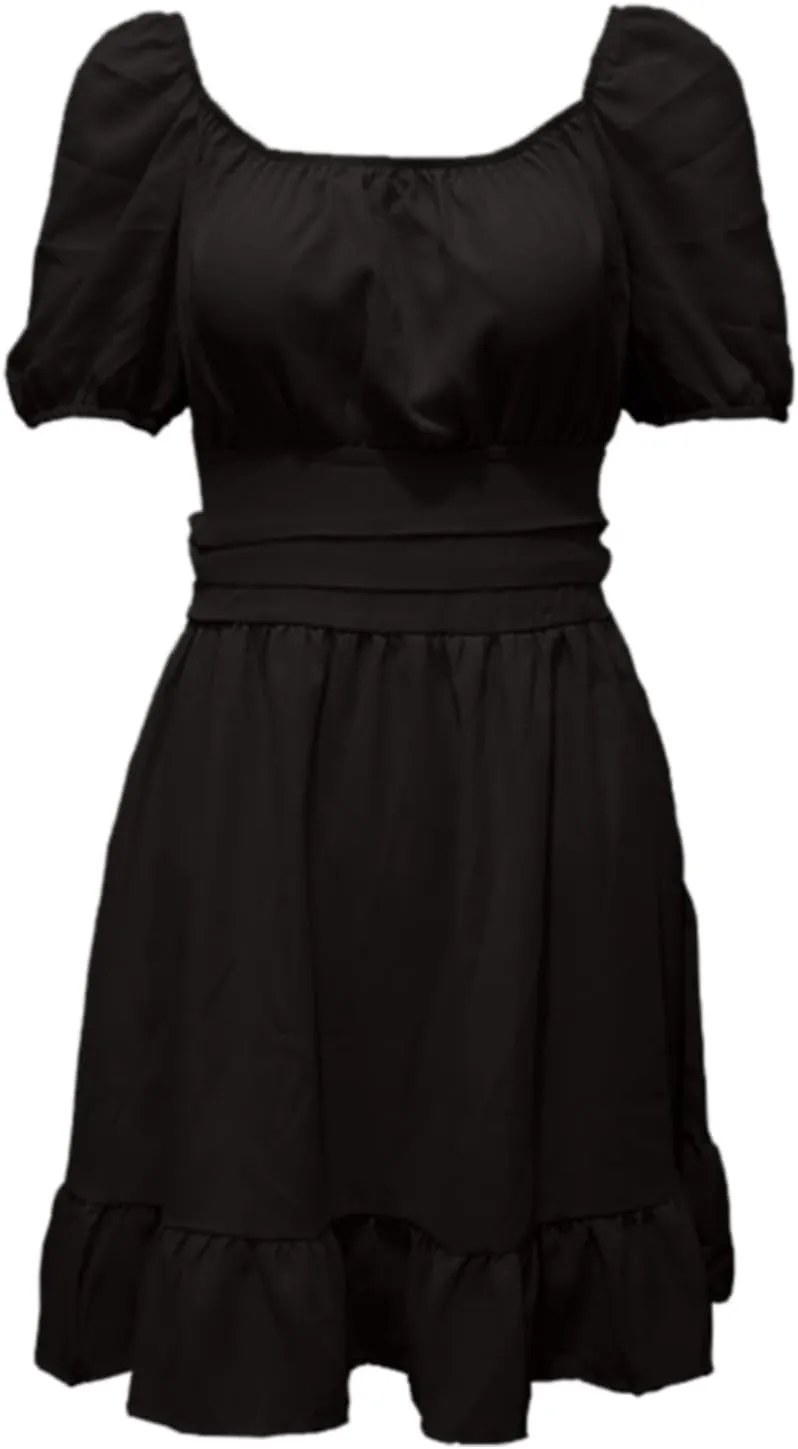 Women's 2025 Summer Dress Short Puff Sleeve Casual Short Mini Dresses Tie Back Square Neck A-Line Sundress