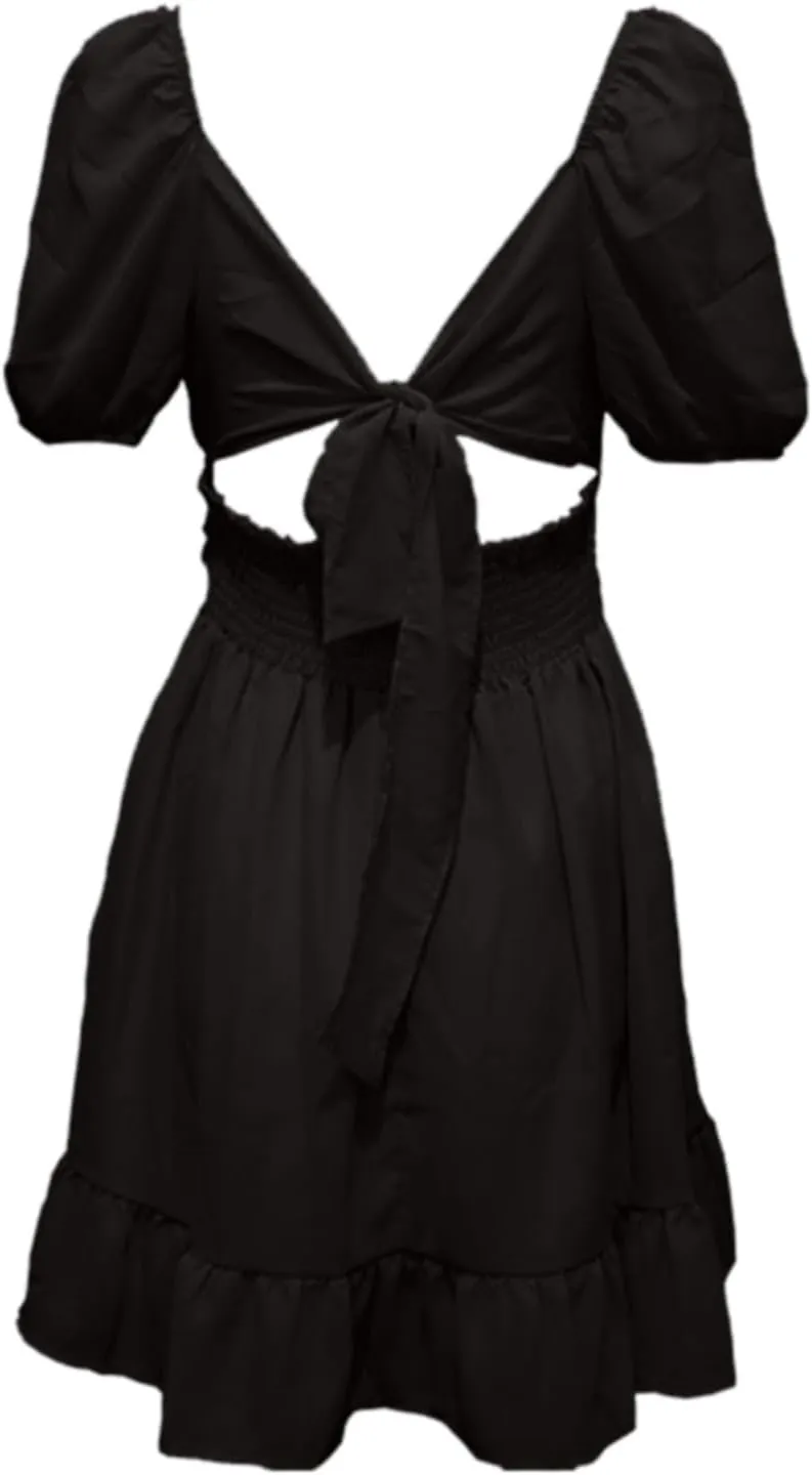 Women's 2025 Summer Dress Short Puff Sleeve Casual Short Mini Dresses Tie Back Square Neck A-Line Sundress