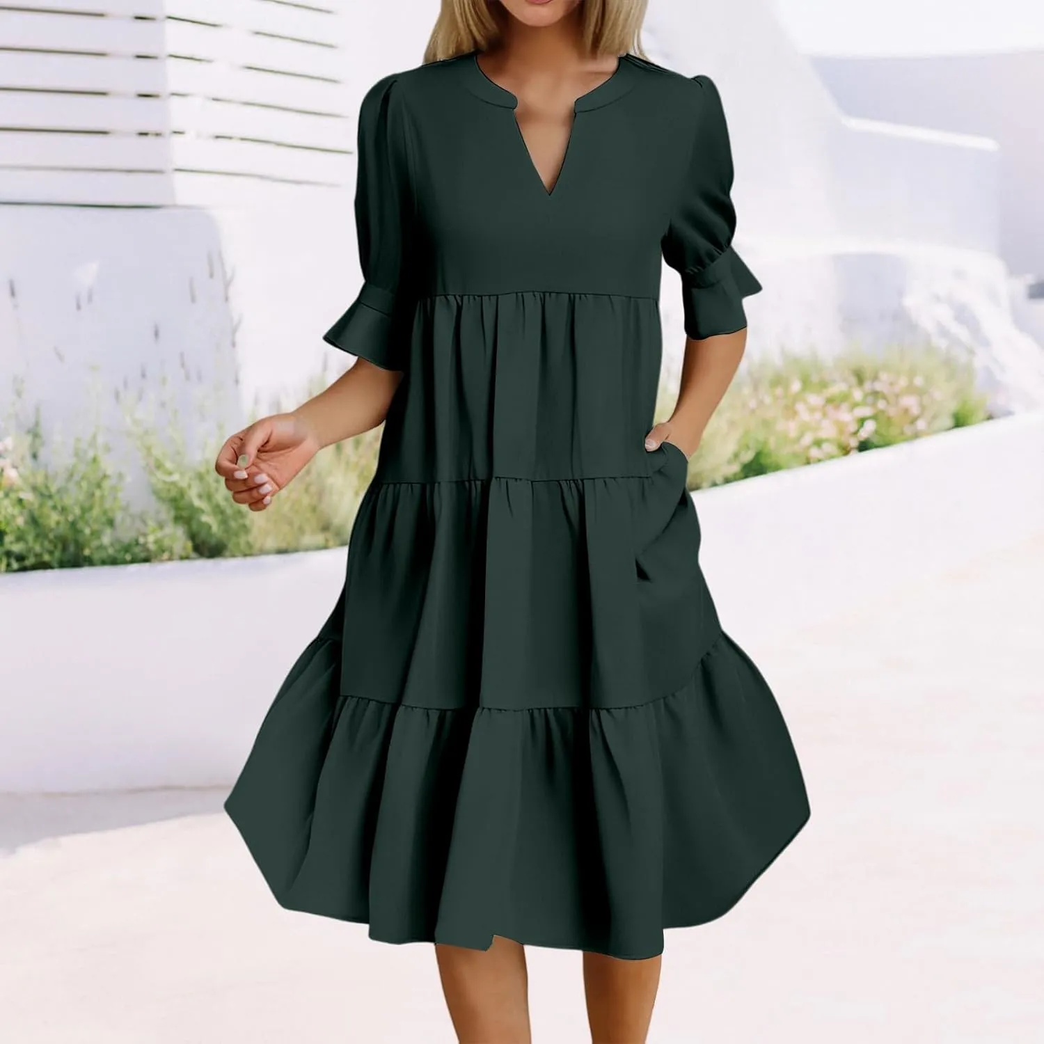 Women's 2025 Summer Midi Dress Casual V Neck Short Puff Sleeve Flowy Beach Vacation Trendy Sundresses