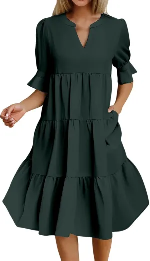 Women's 2025 Summer Midi Dress Casual V Neck Short Puff Sleeve Flowy Beach Vacation Trendy Sundresses