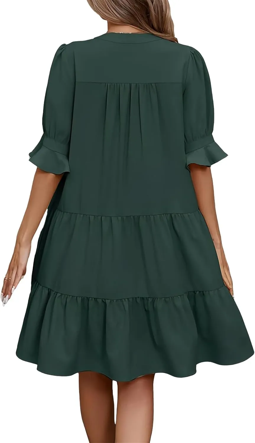 Women's 2025 Summer Midi Dress Casual V Neck Short Puff Sleeve Flowy Beach Vacation Trendy Sundresses