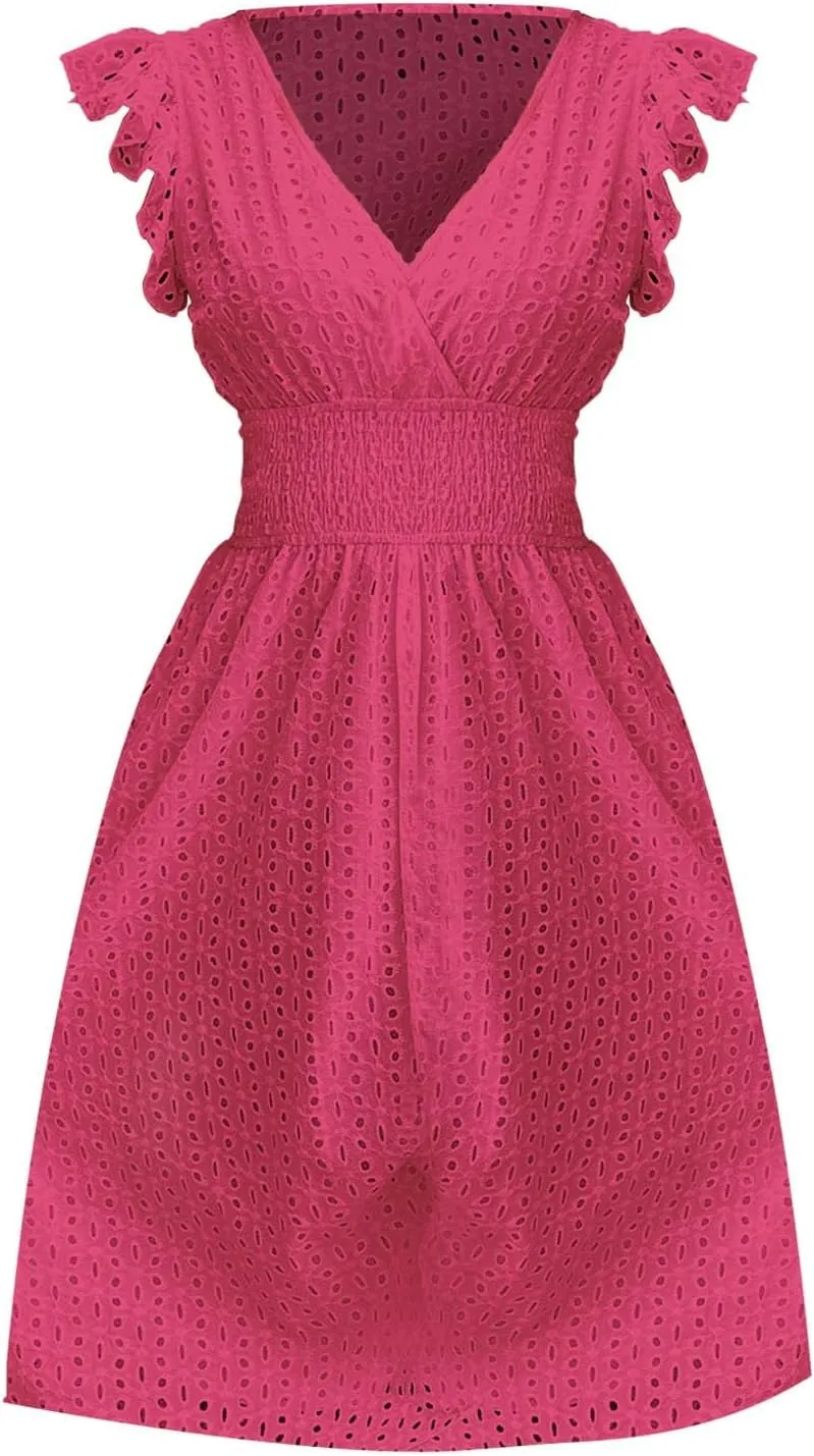 Womens 2025 Summer Short Dress V Neck Short Sleeve A Line Hollow Out Lace Ruffle Cute Casual Beach Party Dresses