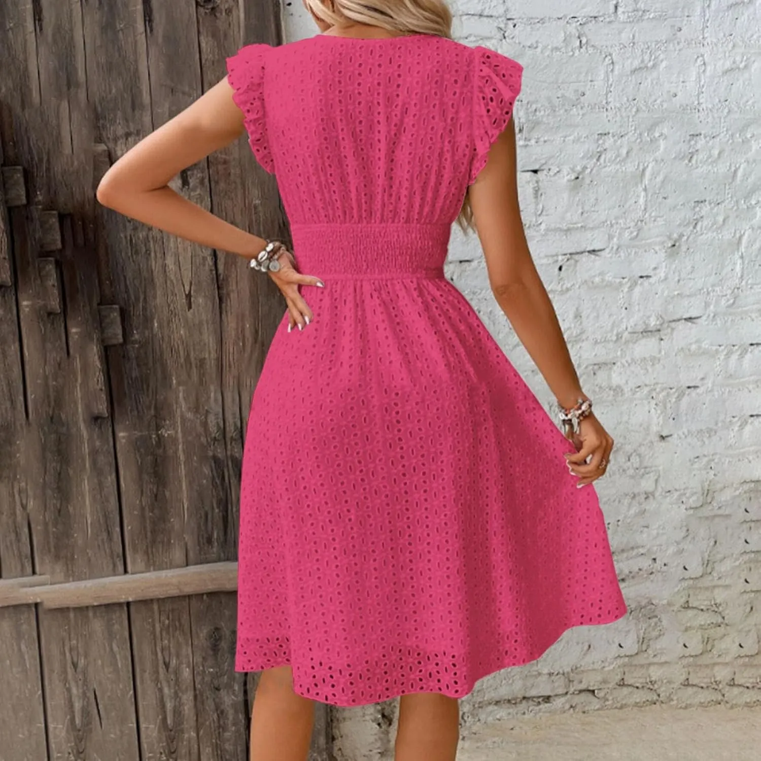 Womens 2025 Summer Short Dress V Neck Short Sleeve A Line Hollow Out Lace Ruffle Cute Casual Beach Party Dresses