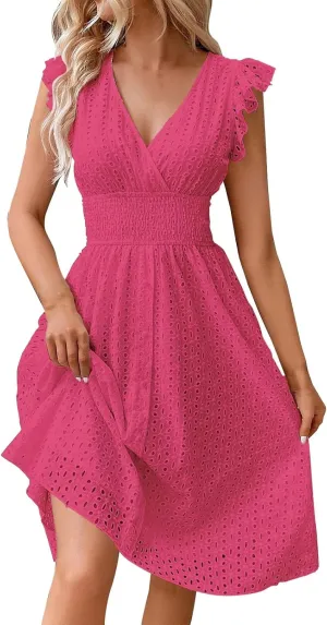 Womens 2025 Summer Short Dress V Neck Short Sleeve A Line Hollow Out Lace Ruffle Cute Casual Beach Party Dresses