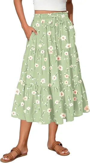 Women's 2025 Summer Skirt Stretch Waisted Floral Print Pleated Beach Flowy Midi Skirts with Pockets, S-2XL