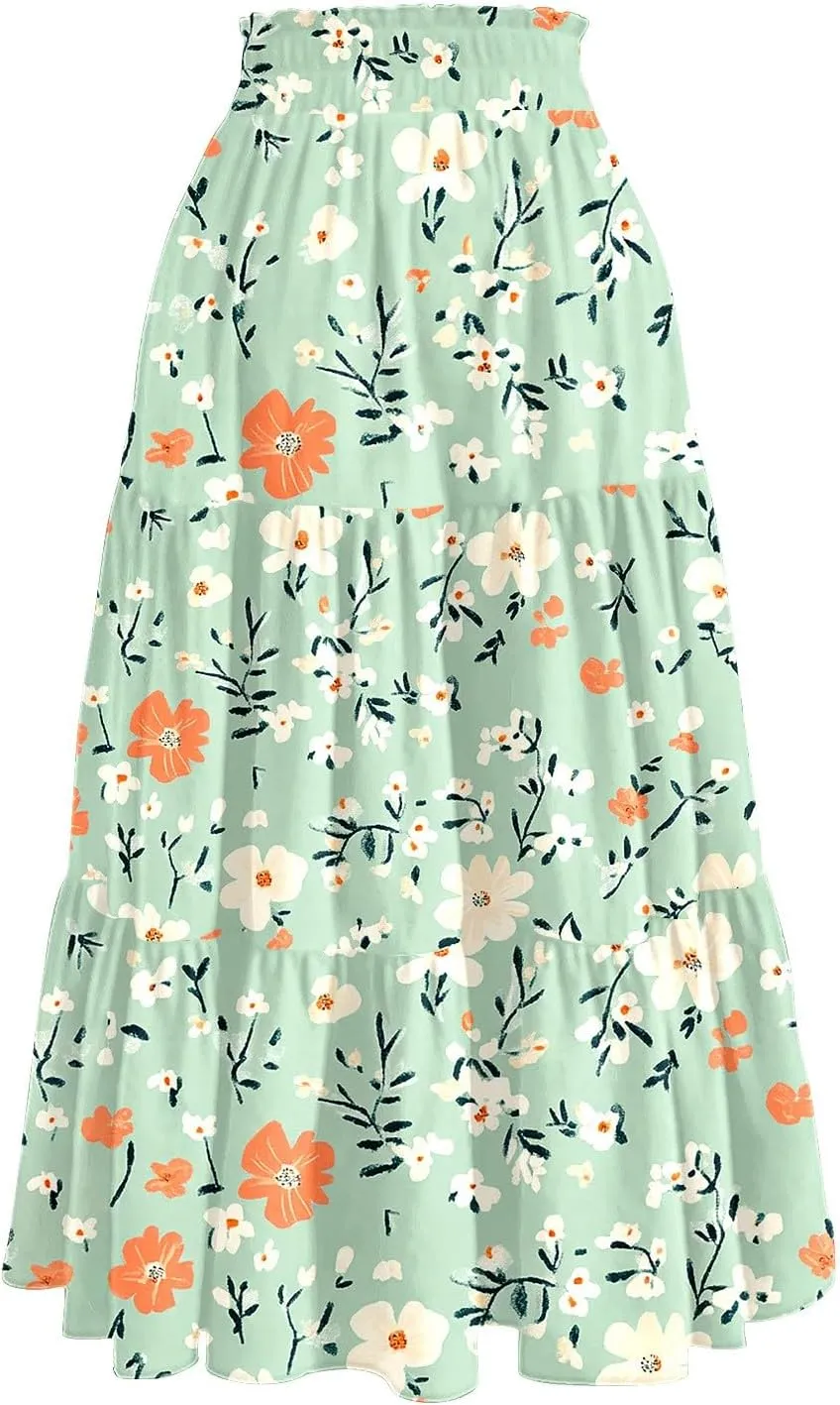 Women's 2025 Summer Skirt Stretch Waisted Floral Print Pleated Beach Flowy Midi Skirts with Pockets, S-2XL