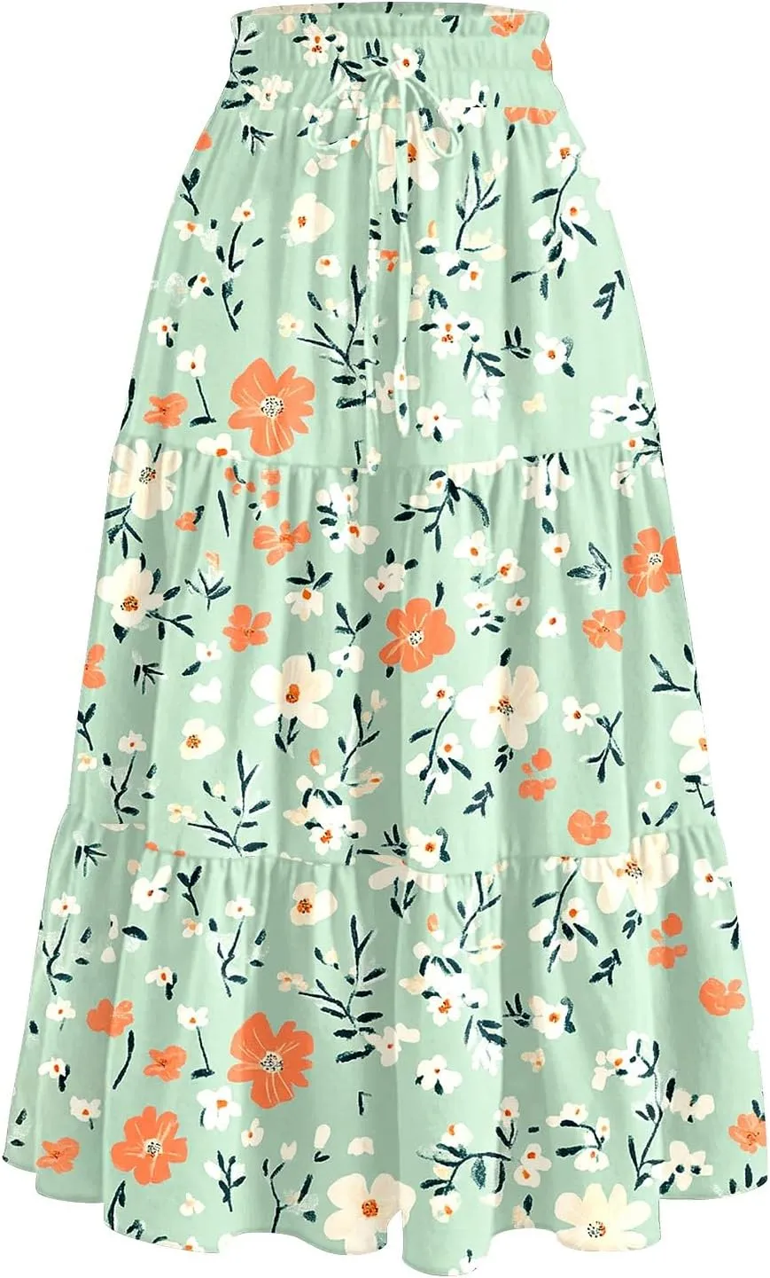 Women's 2025 Summer Skirt Stretch Waisted Floral Print Pleated Beach Flowy Midi Skirts with Pockets, S-2XL
