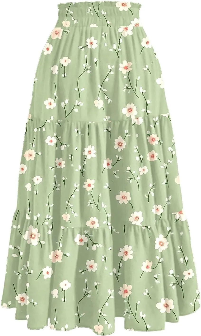 Women's 2025 Summer Skirt Stretch Waisted Floral Print Pleated Beach Flowy Midi Skirts with Pockets, S-2XL