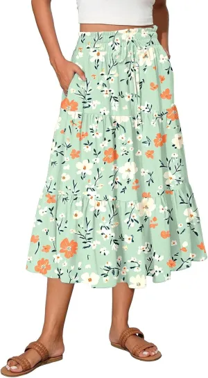 Women's 2025 Summer Skirt Stretch Waisted Floral Print Pleated Beach Flowy Midi Skirts with Pockets, S-2XL