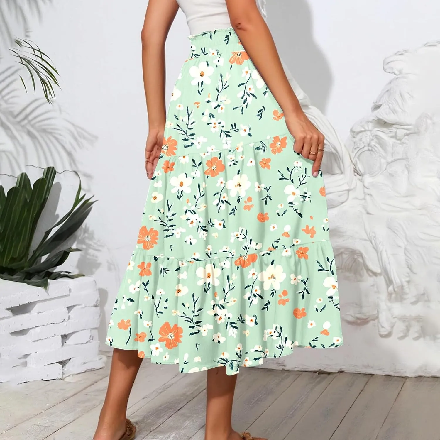 Women's 2025 Summer Skirt Stretch Waisted Floral Print Pleated Beach Flowy Midi Skirts with Pockets, S-2XL