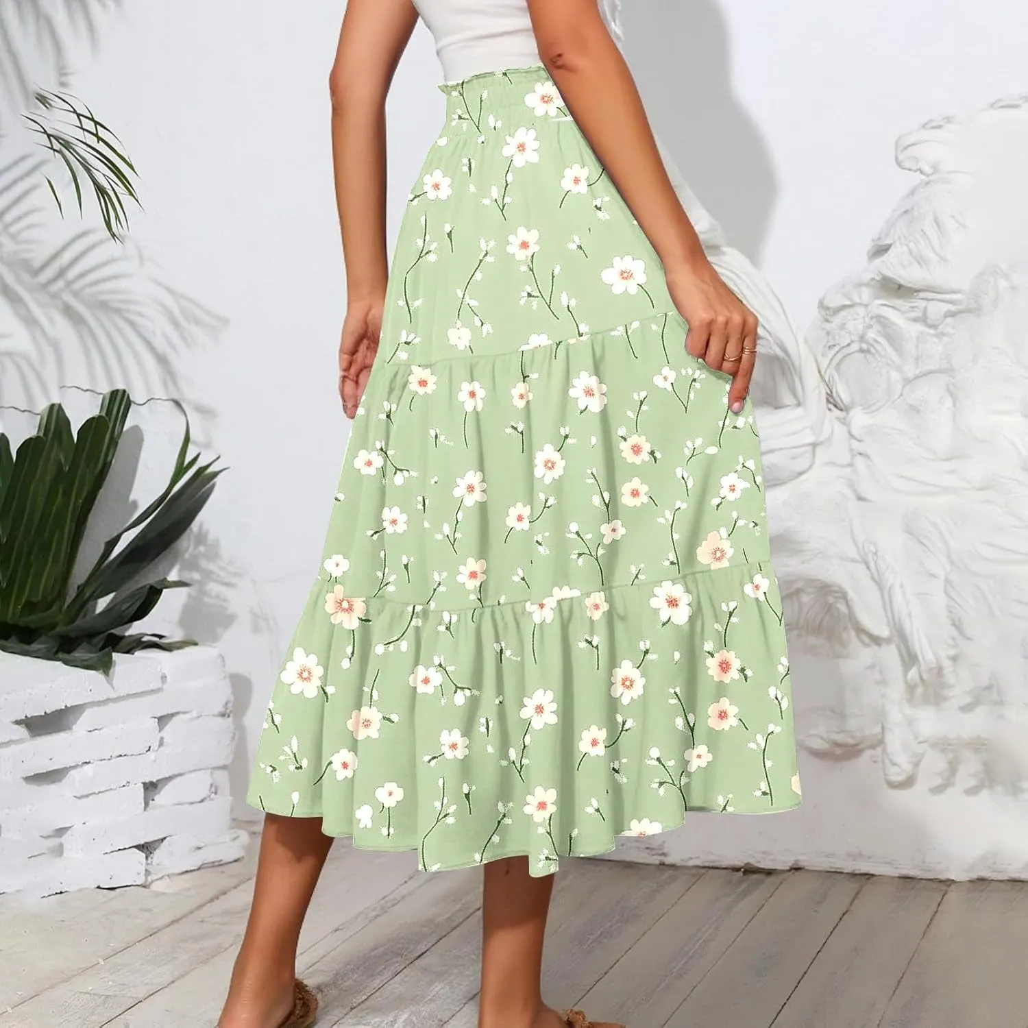 Women's 2025 Summer Skirt Stretch Waisted Floral Print Pleated Beach Flowy Midi Skirts with Pockets, S-2XL