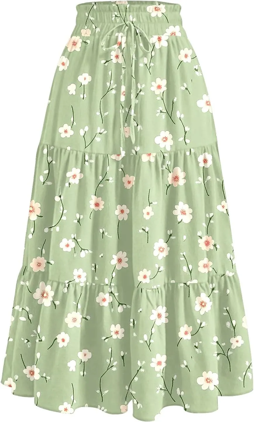 Women's 2025 Summer Skirt Stretch Waisted Floral Print Pleated Beach Flowy Midi Skirts with Pockets, S-2XL