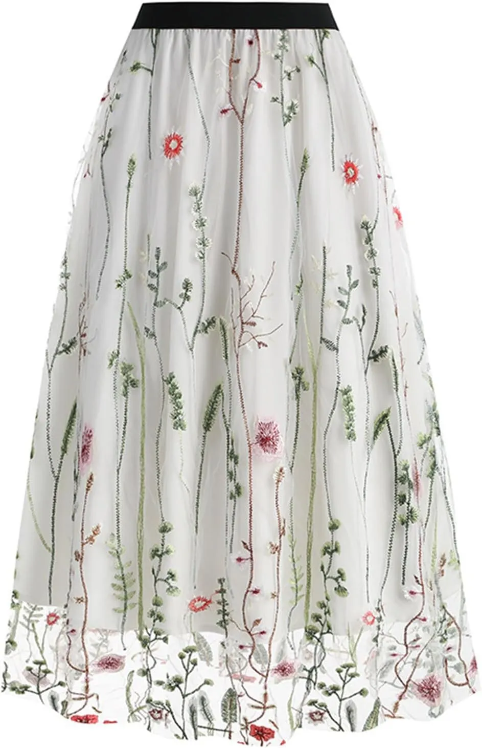 Women's 3D Embroidered Double-Layered Mesh Midi Skirt High Waist Pleated Skirt Midi Swing Skirt A-Line Vintage Skirts